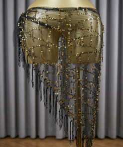 ceinture danse orientale noire dorée avec sequins et franges élégantes