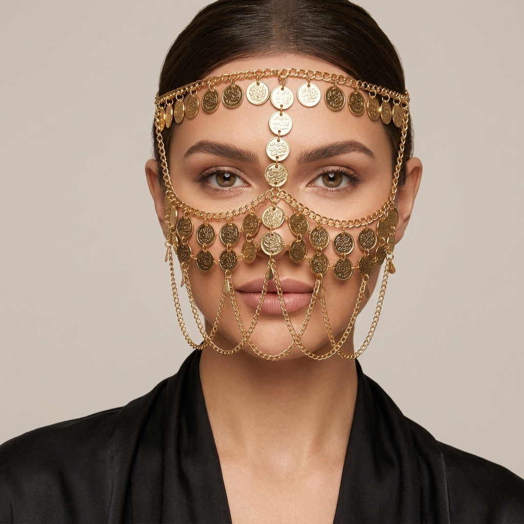 برقع رقص شرقي ذهبي بعملات معدنية Voile de danse orientale doré avec pièces métalliques