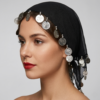 Black oriental scarf with silver coin decorations worn on head Foulard noir avec pièces argente porté sur la tête