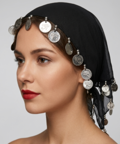 Black oriental scarf with silver coin decorations worn on head Foulard noir avec pièces argente porté sur la tête