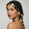 Black oriental scarf with gold coin decorations worn on head Foulard noir avec pièces dorées porté sur la tête