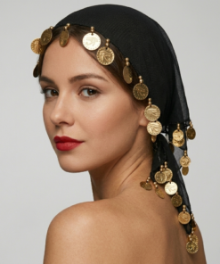 Black oriental scarf with gold coin decorations worn on head Foulard noir avec pièces dorées porté sur la tête