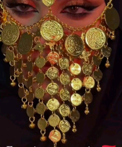 برقع رقص شرقي ذهبي بعملات معدنية Voile de danse orientale doré avec pièces métalliques